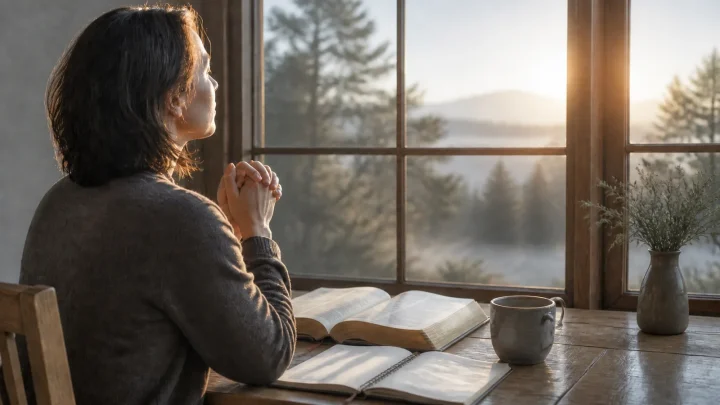 A person praying beside an open Bible and journal while looking toward morning light.