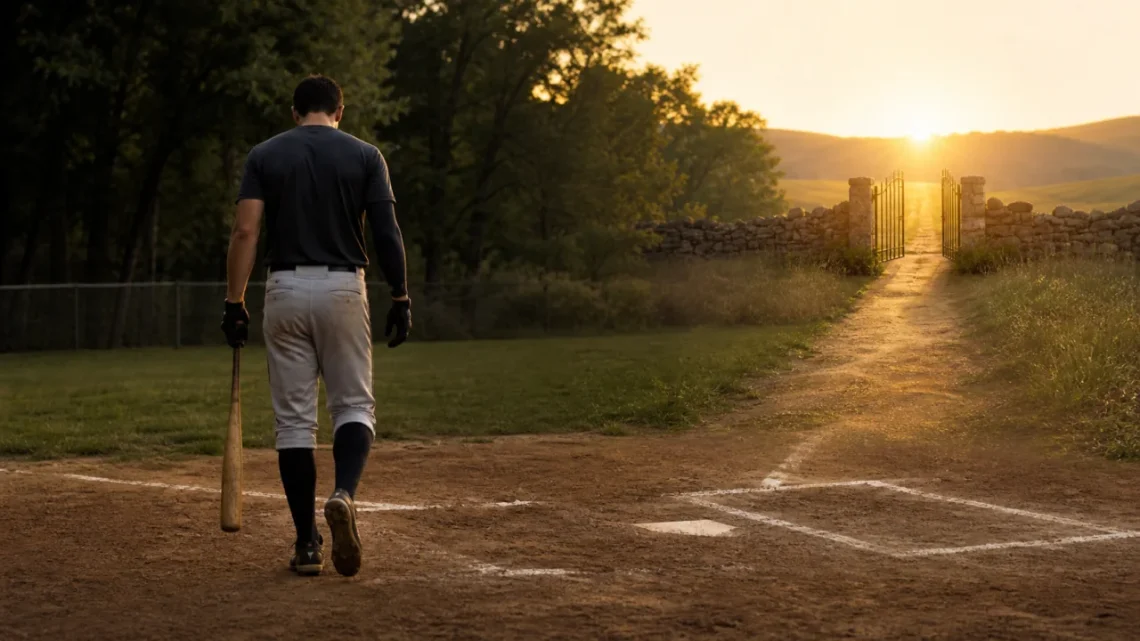 Baseball player walking away after a strikeout beside a narrow gate leading toward light.