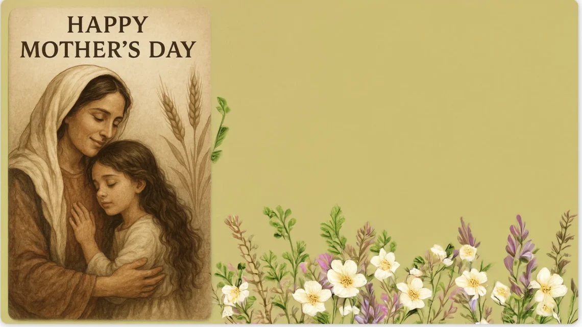 Mother embracing her daughter beside flowers under the words “Happy Mother’s Day.”