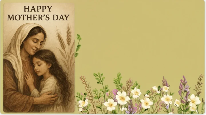 Mother embracing her daughter beside flowers under the words “Happy Mother’s Day.”