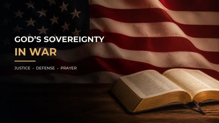 Open Bible in front of an American flag with the words “God’s Sovereignty in War—Justice, Defense, Prayer.”