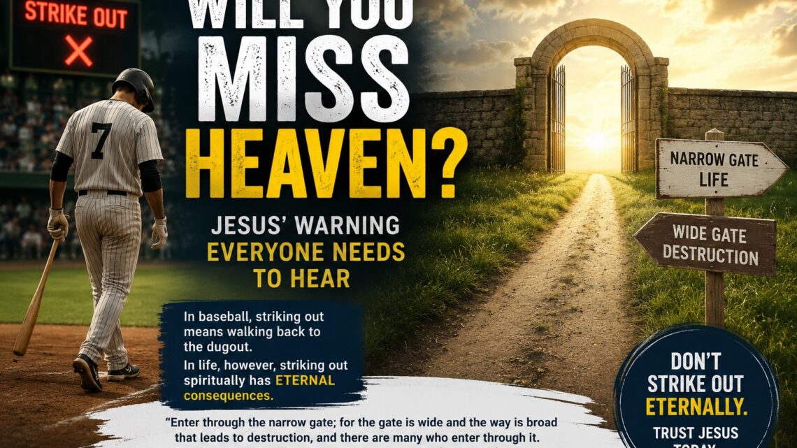 Baseball player walking away after a strikeout contrasted with the narrow gate leading to eternal life, illustrating Jesus' warning about missing heaven.