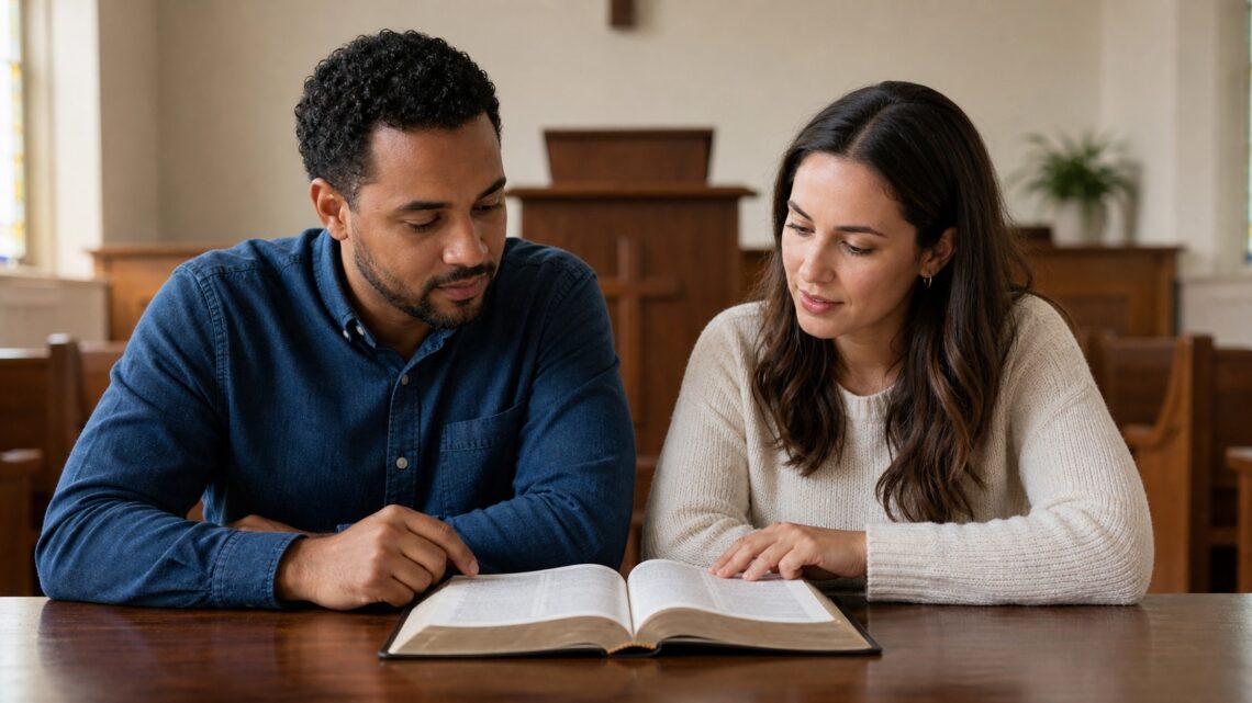A man and woman studying an open Bible together in a church.