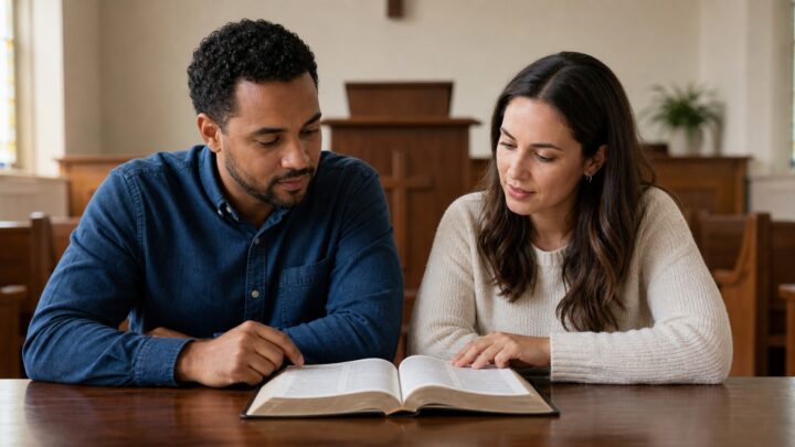 A man and woman studying an open Bible together in a church.
