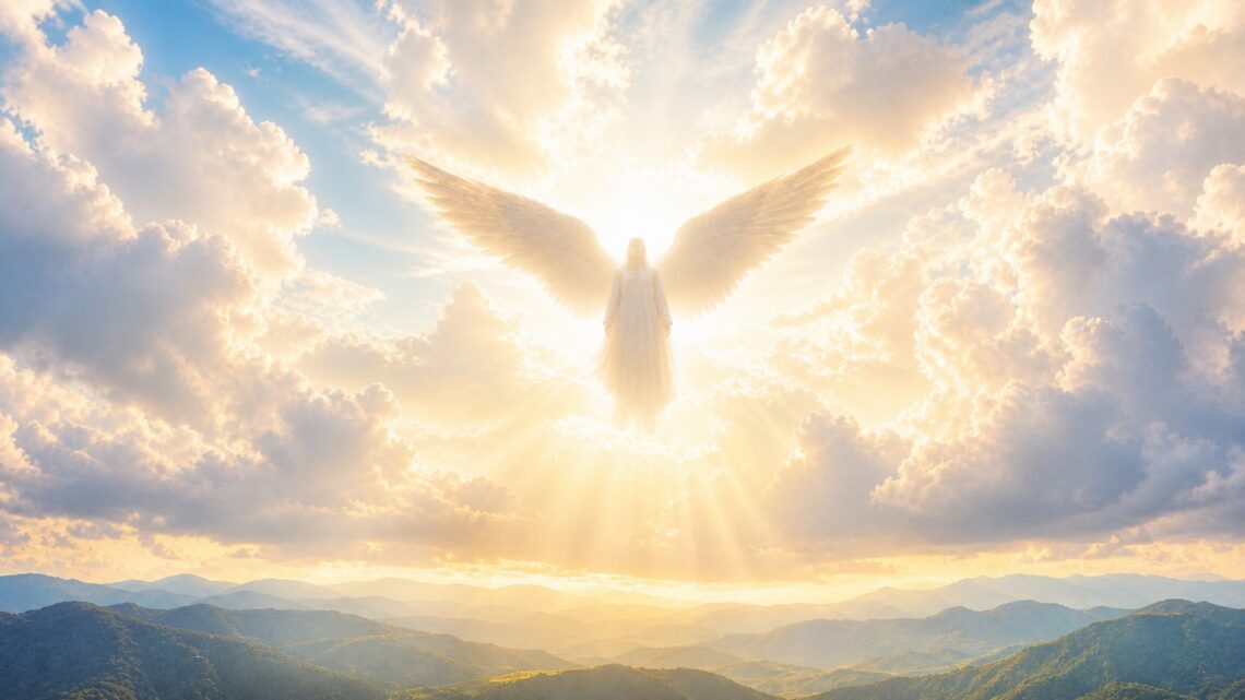 A radiant angel appearing in bright clouds above a sunlit mountain landscape.