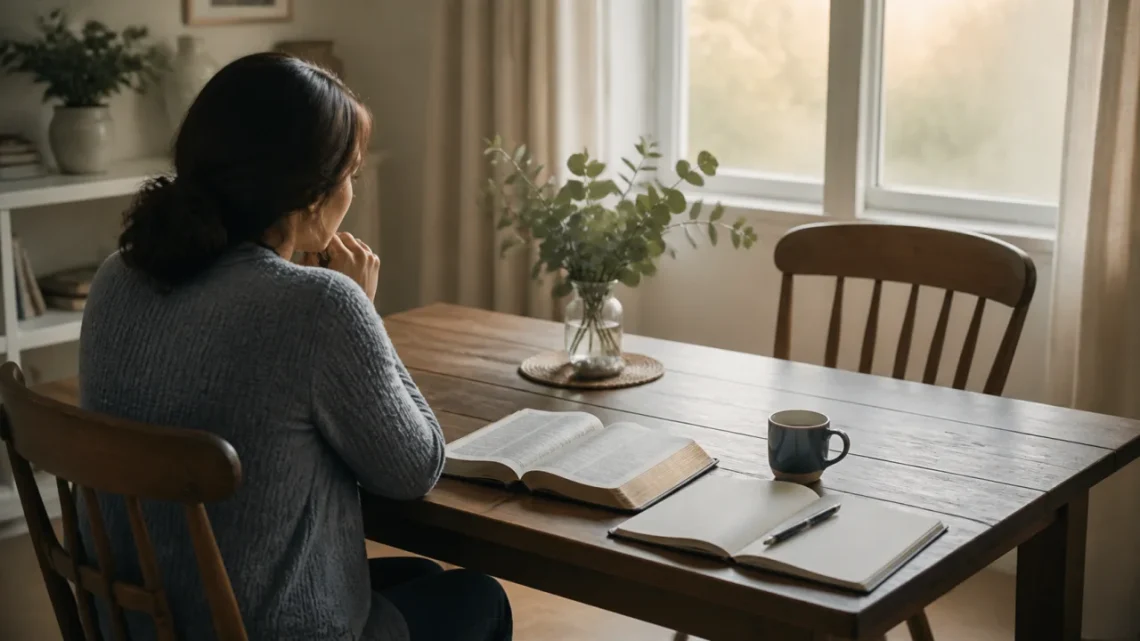 Woman reflecting beside an open Bible and journal, with an empty chair across the table in soft morning light.
