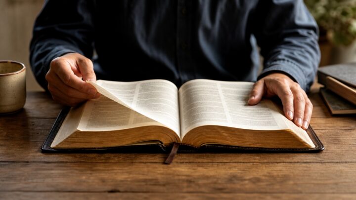 A person turning the page of an open Bible at a wooden table