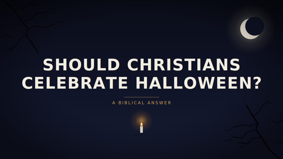 Should Christians celebrate Halloween? A Biblical Answer — dark night sky with a crescent moon, bare tree branches, and a single lit candle