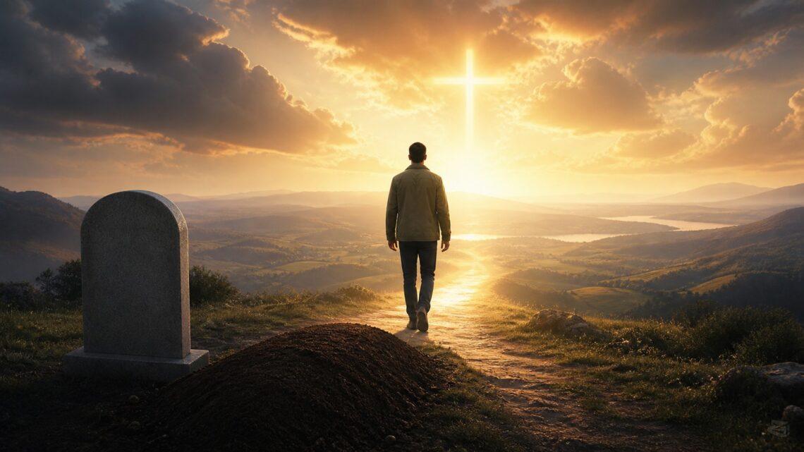 A person walks beyond a grave toward a radiant cross, illustrating that death is not the end.
