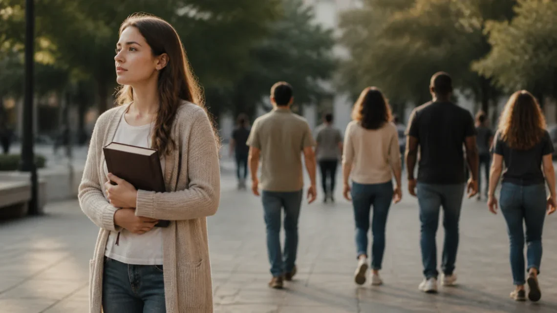 Christian holding a Bible while standing apart from a crowd walking away.