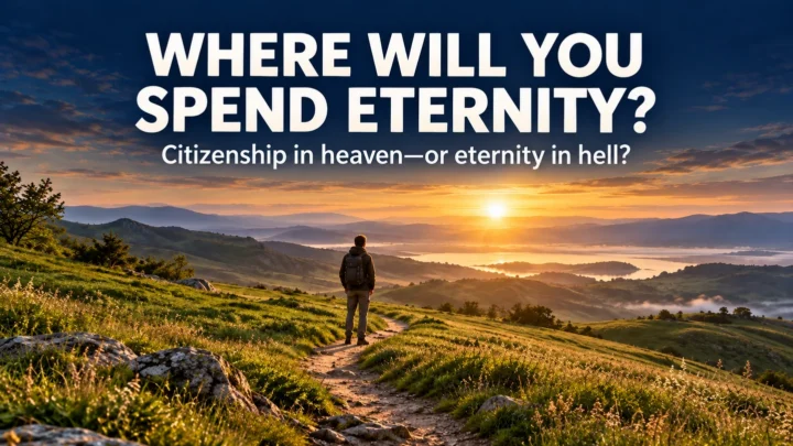 Traveler on a hillside path at sunrise beneath the words “Where will you spend eternity? Citizenship in heaven—or eternity in hell?”