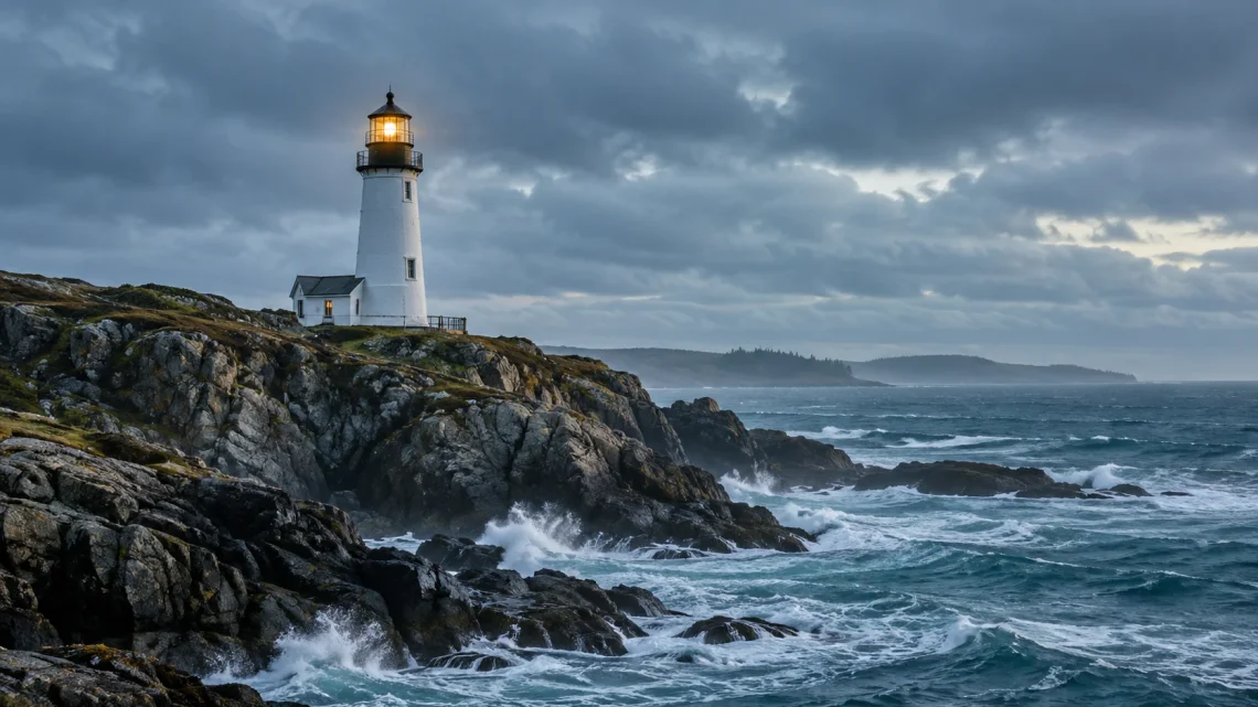 A lighthouse shining steadily above waves breaking against a rocky coast.